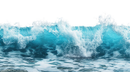 Dynamic ocean waves crashing on a sunny beach, creating splashes of white foam against a vibrant blue sea, capturing the power and beauty of nature