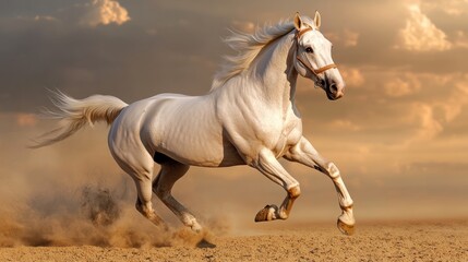 A majestic white horse galloping across a sandy landscape under a dramatic sky.