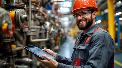 Worker in safety gear using a tablet in an industrial setting.