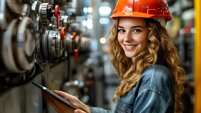 Young woman in a hard hat using a tablet in an industrial setting.