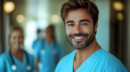 Fototapeta premium Smiling healthcare professional in scrubs with colleagues.