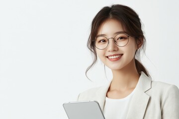 A young woman in a white blazer and glasses smiles while holding a tablet, isolated on white background.