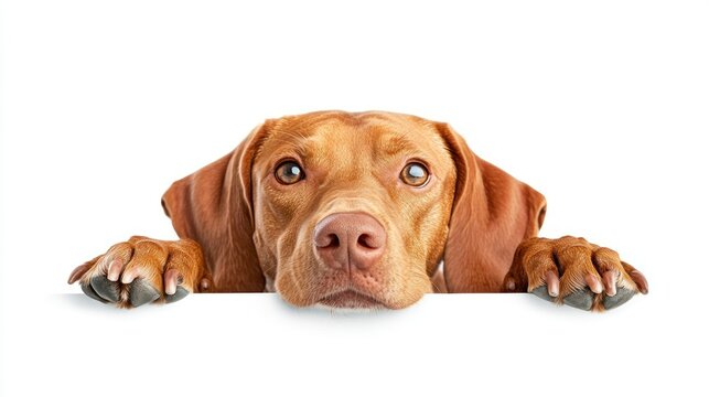 A close-up of a brown dog with a curious expression, resting its paws on a surface.