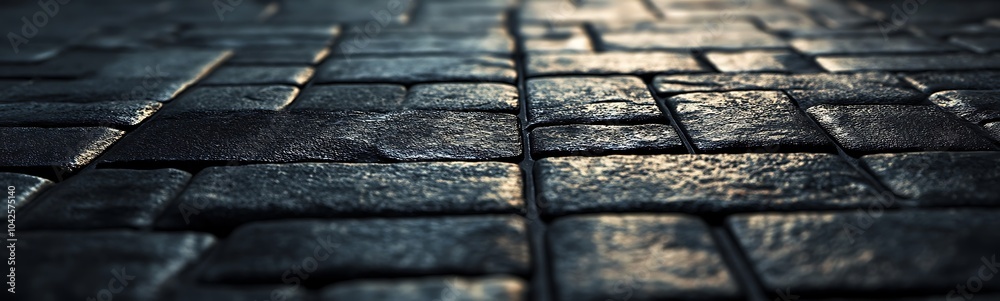 Poster A close-up view of shiny, wet cobblestone pavement reflecting light, creating an atmospheric and textured urban landscape.