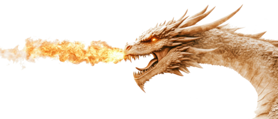 Head of a dragon spitting fire on transparent background