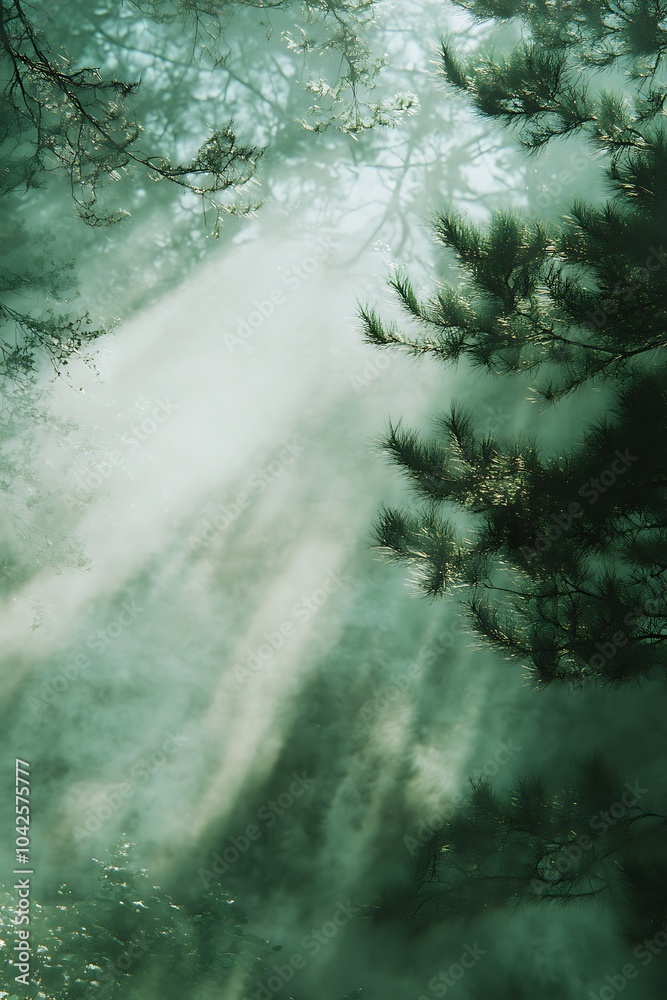 Poster a serene forest scene showcasing beams of light filtering through trees, creating a mystical and tra