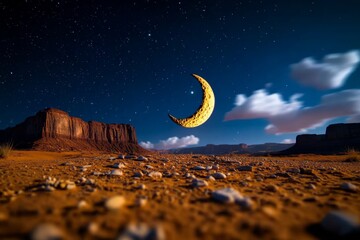 A crescent moon and star shining over a peaceful desert scene, symbolizing the start of Ramadan under a clear night sky