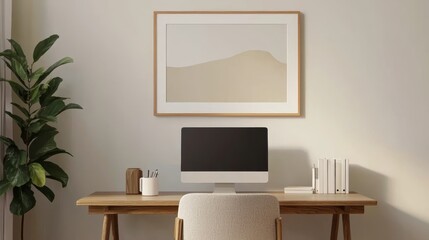Serene Minimalist Workspace: Cozy Remote Work Setup with Desk, Coffee Cup, and Neutral Wall Art