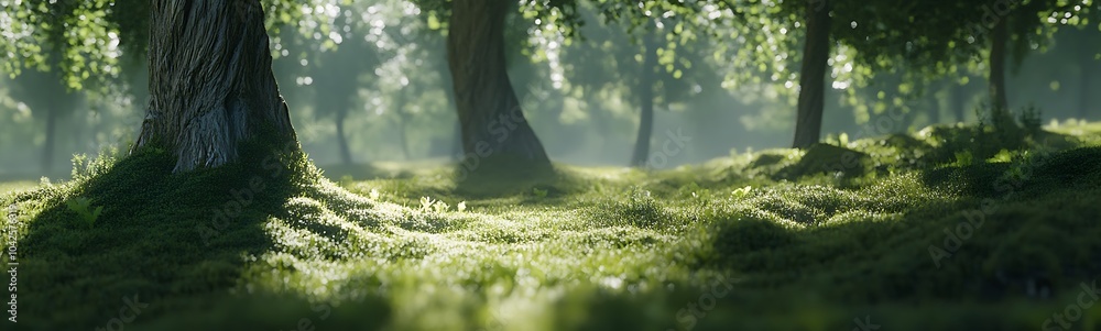 Poster a serene forest scene with sunlight filtering through trees, casting dappled shadows on a lush carpe