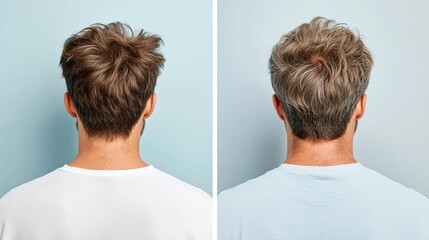 Before and after shots of a man using hair-thickening serum, initial sparse hair contrasted with thicker, fuller hair after, Hair thickening, serum effect transformation