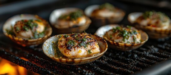 Close-up of Grilled Scallops with Herbs in Shells on a Grill