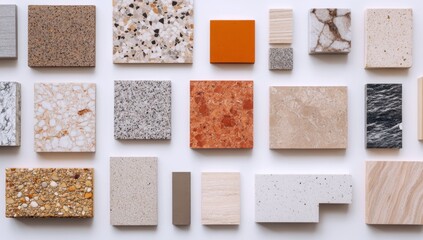A collection of various square tiles in different colors and textures are displayed on a white background.