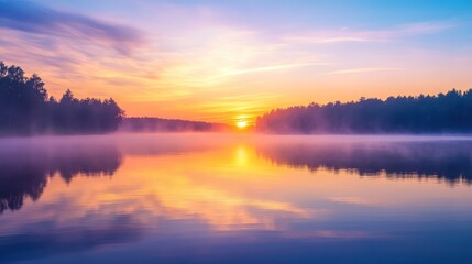Fototapeta premium Serene sunset over a calm lake, reflecting vibrant colors and misty surroundings.