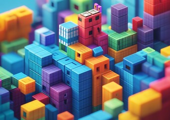 Fototapeta premium An abstract city skyline composed of colorful blocks with a focus on a small building with windows.