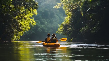 Couple kayaking through a lush green rainforest river surrounded by towering trees and vibrant wildlife sounds enhancing exploration