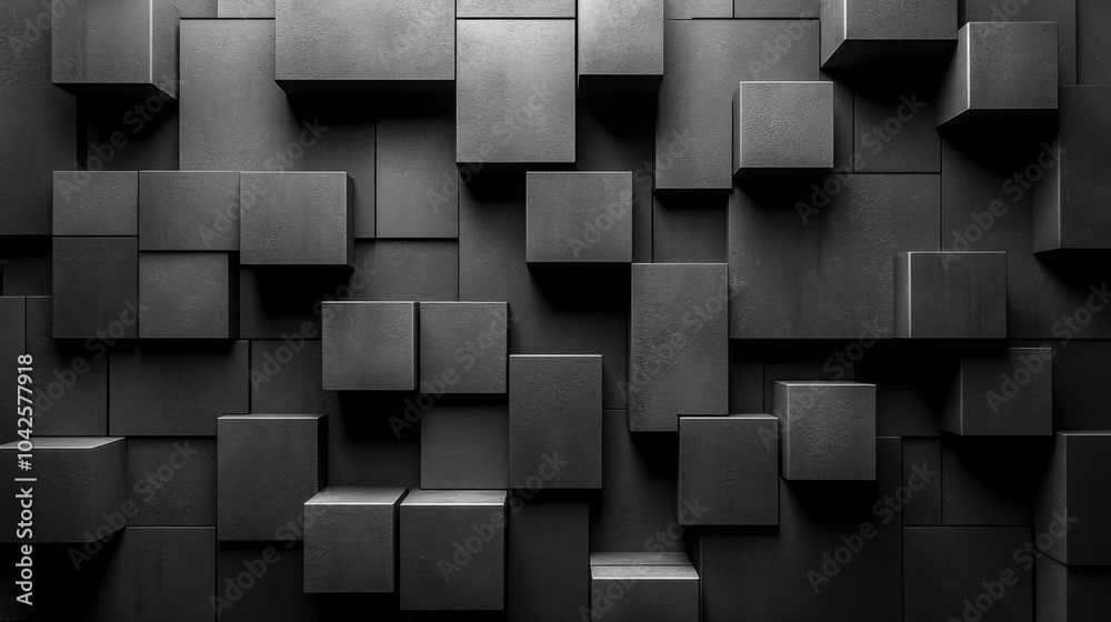 Poster The composition features an abstract arrangement of black geometric blocks positioned against a textured wall, creating a modern, artistic effect.