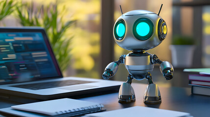 Fototapeta premium Futuristic Mini Robot on a Desk with a laptop and notebooks