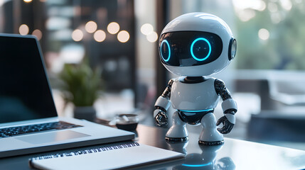 Fototapeta premium Futuristic Mini Robot on a Desk with a laptop and notebooks