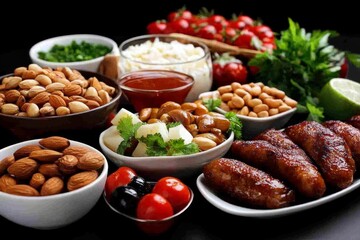 Breaking the fast with a traditional Ramadan meal, with vibrant colors of fresh fruits, nuts, and savory dishes spread out on a festive table