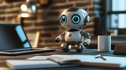 Futuristic Mini Robot on a Desk with a laptop and notebooks