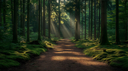 Fototapeta premium Serene forest path illuminated by sunlight through trees.