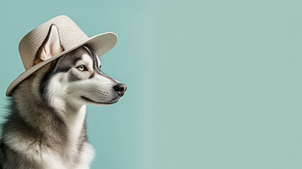 A stylish husky wearing a straw hat against a light blue background.