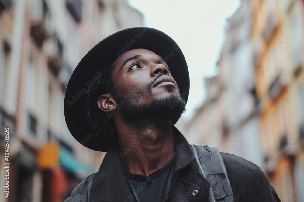 Canvas Prints A man wearing a black hat and a black jacket is looking up at the sky