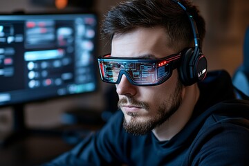 Cyberpunk version of technology uptake in a neon-lit office, where professionals adopt new digital tools through holographic displays and glowing interfaces