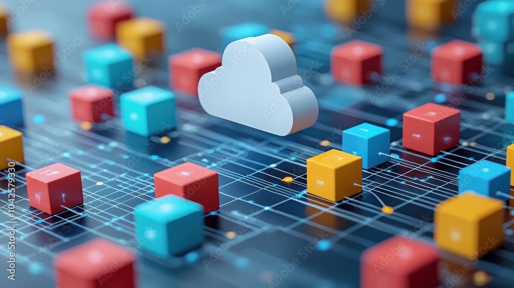Poster Cloud Computing Network with Colorful Cubes and White Cloud