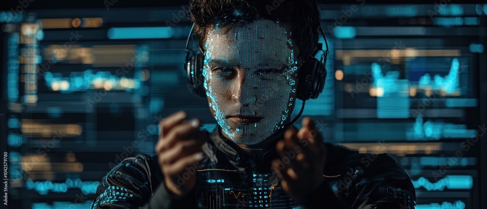 Aufkleber a man with a glowing digital face mask in a dark setting