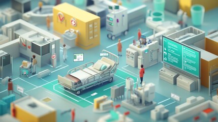 Fototapeta premium A detailed digital illustration of a hospital environment, featuring a patient bed, medical equipment, and healthcare professionals in a vibrant, organized layout.