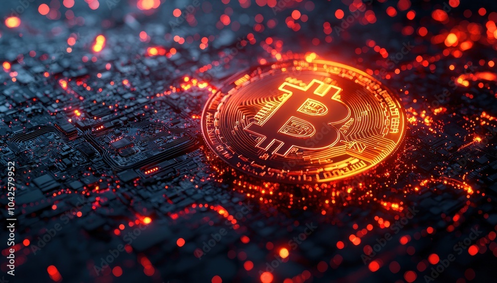 Poster Glowing Bitcoin Coin on a Circuit Board