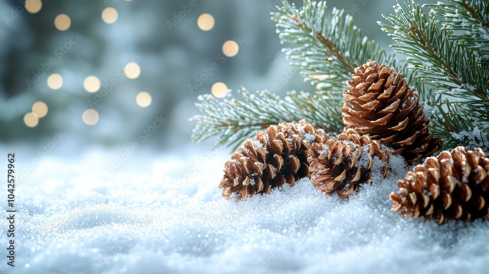 Poster pine cones resting on snowy ground with blurred lights in background