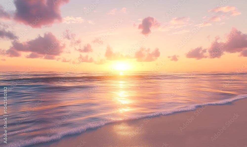 Poster a serene sunset over a calm ocean, with soft waves lapping at the sandy shore, creating a tranquil a