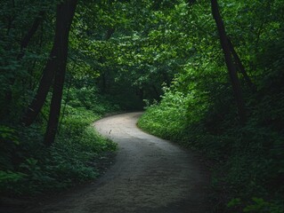 Obraz premium A winding dirt path through a lush green forest.