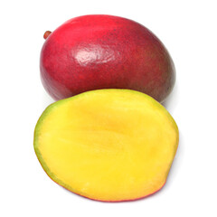 Mango fruit whole and half isolated on a white background