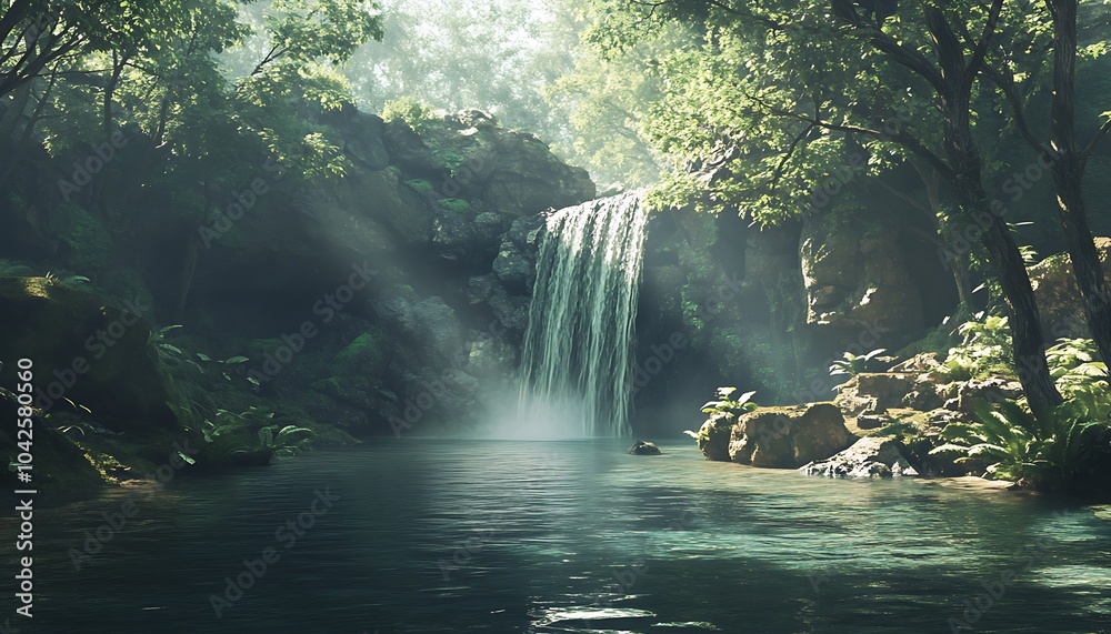 Poster a tranquil waterfall cascades into a serene pool, surrounded by lush greenery and dappled sunlight f