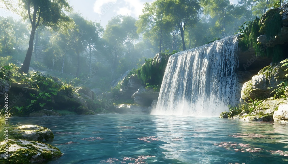 Poster a serene waterfall cascades into a tranquil pool, surrounded by lush greenery and mist, creating a p