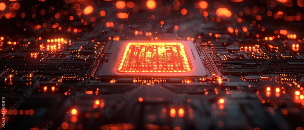 Aufkleber Glowing Red Circuit Board with Central Processor