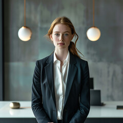 Poised Professional Woman in Modern Office, Minimalist Suit, Empty Desk, Transparent Backdrop Highlighting Focused Demeanor
