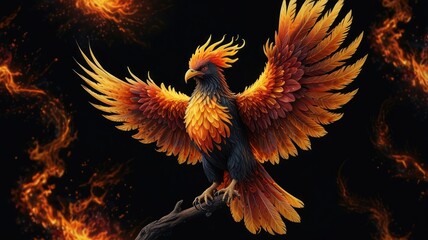 Obraz premium A majestic phoenix with its wings spread wide, standing on a branch with flames in the background.