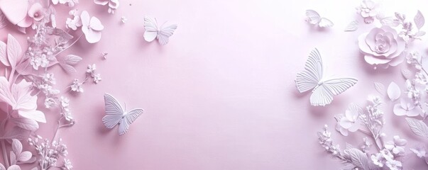 A serene arrangement of delicate white butterflies and flowers on a soft pink background.