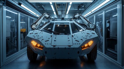 Futuristic off-road vehicle in a modern factory.