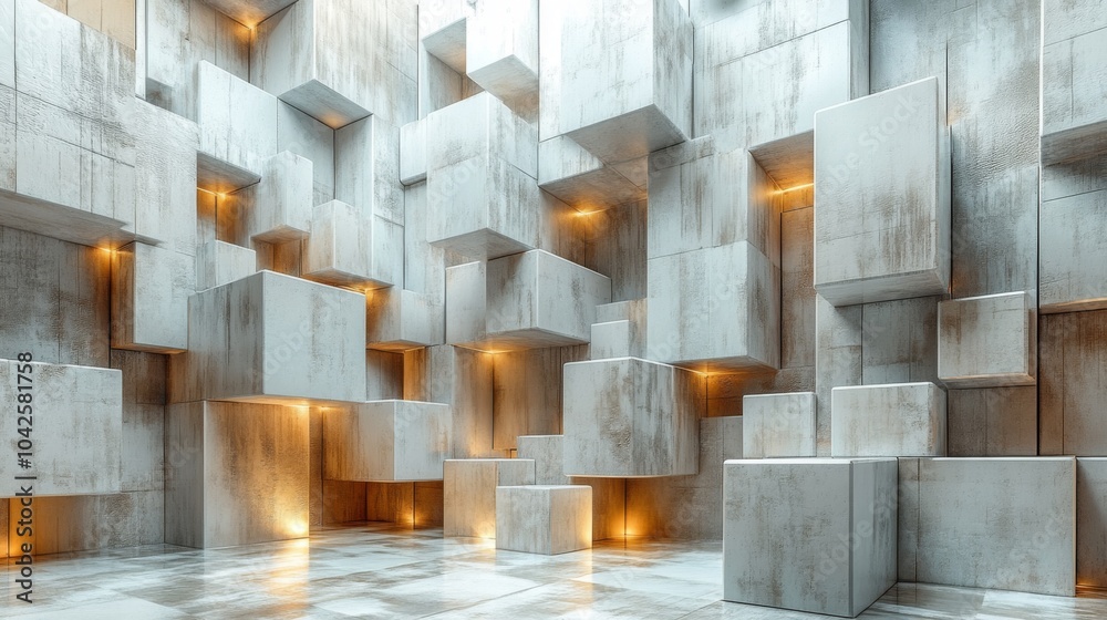 Poster The interior showcases a striking arrangement of cubic forms in varying sizes on a textured surface, illuminated by soft lighting, creating a dramatic visual effect.