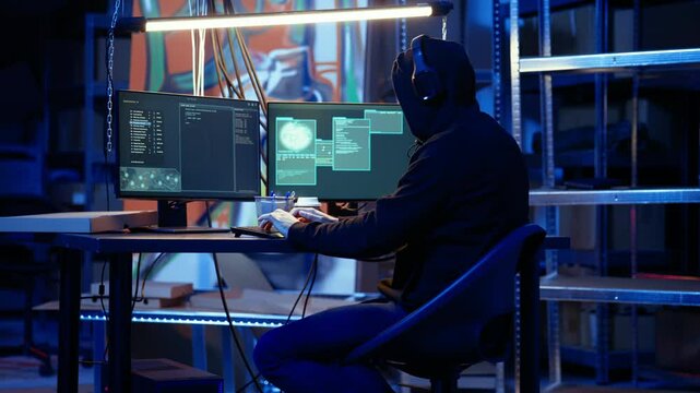 Hacker doing international espionage warfare for his government to steal state secrets from another countries, anxiously looking over shoulder, afraid of being caught and going to jail, camera A