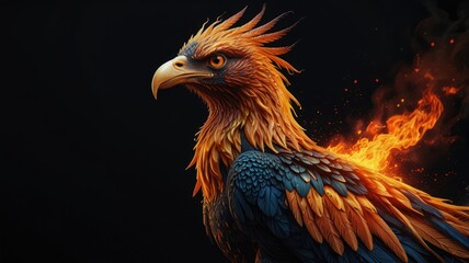 Fototapeta premium A fiery eagle with orange and blue feathers, burning with flames on a black background.