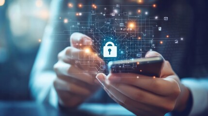 A person using a smartphone with a digital lock symbol, representing cybersecurity.