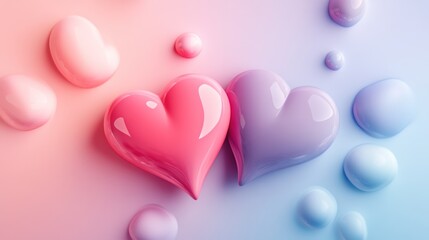 Two glossy hearts in pink and purple surrounded by colorful droplets on a soft gradient background.