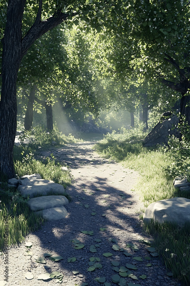 Aufkleber A serene forest path illuminated by soft light, surrounded by lush greenery and gentle shadows, inviting exploration and tranquility.
