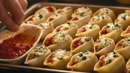 A close-up of pasta shells filled with cheese and topped with sauce, ready for baking.